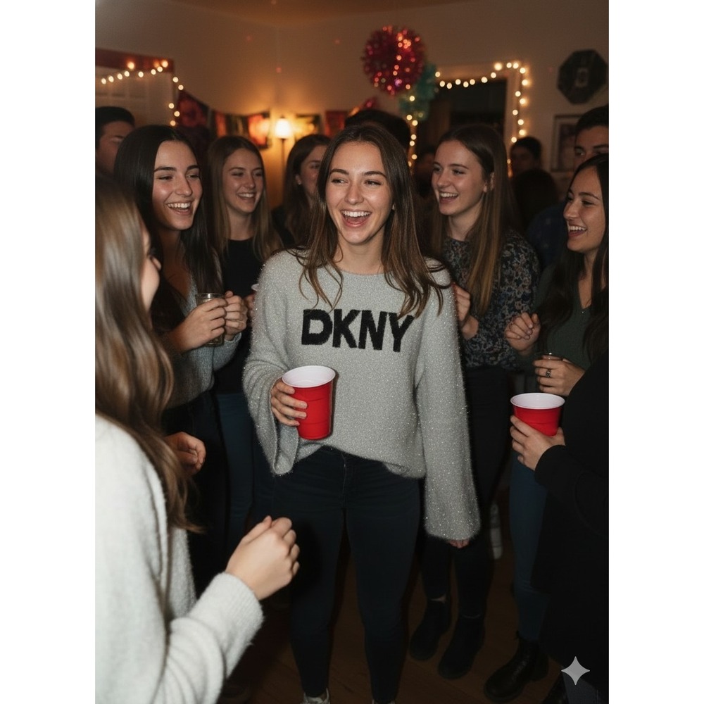 DKNY Jeand Grey Sweater With Silver Threads And Black Print. Nordstrom NWT‎
